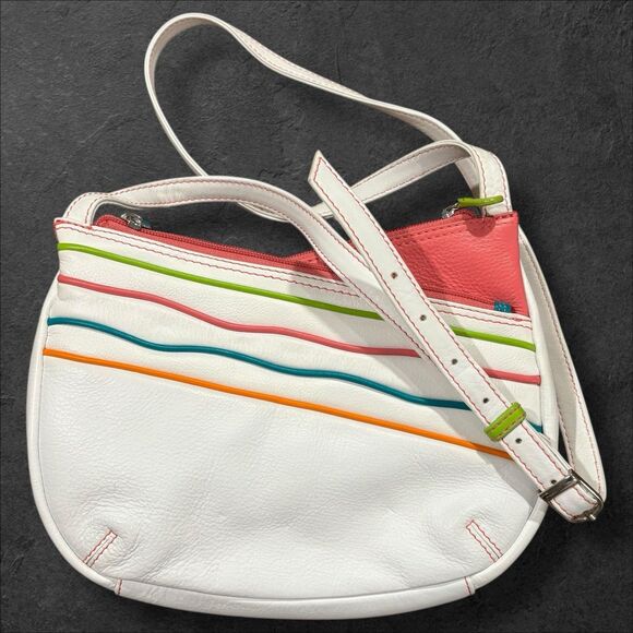 RFID Handbags - RFID Leather Crossbody Bag Retro Neon Stripe White Pink Green Adjustable Strap